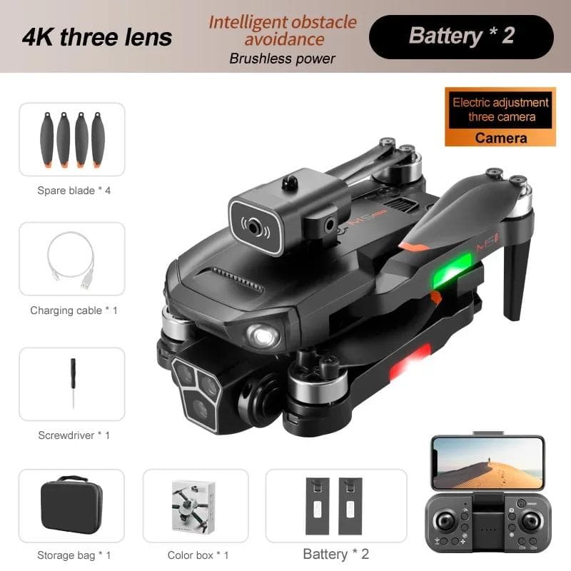New M1s RC Drone Mini Three Camera Wireless Control GPS Drone 360° Rolling Optical Flow Position Obstacle Avoidance WIFI FPV Quadcopter 2 battery black