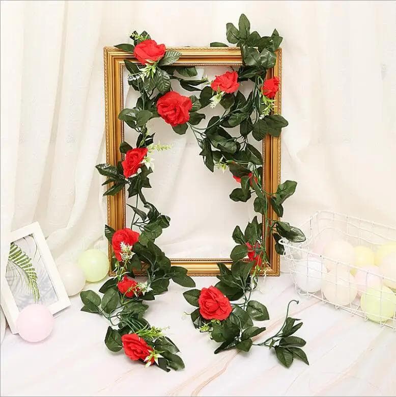 250CM/lot Silk Roses Ivy Vine with Green Leaves For Home Wedding Decoration Fake leaf diy Hanging Garland Artificial Flowers Red
