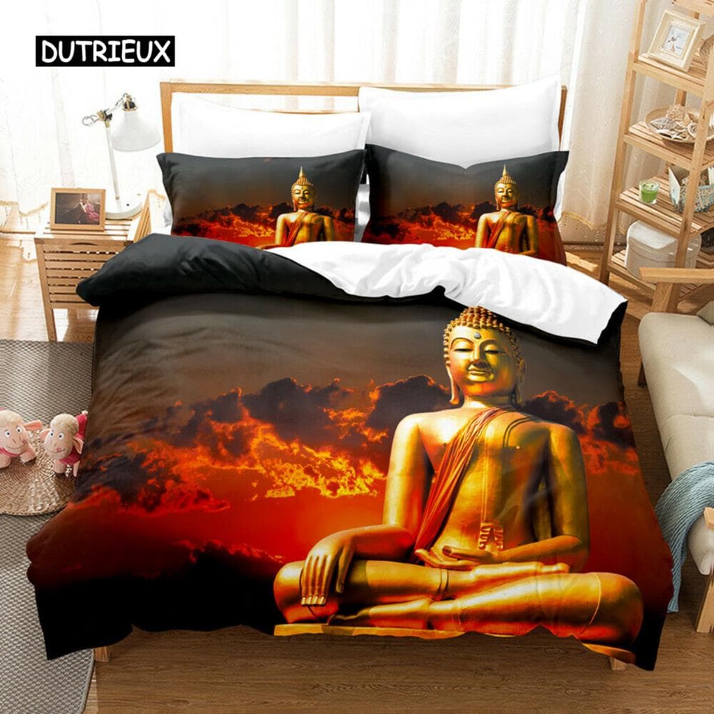 Buddha Duvet Cover Set King Size Golden Mandala Asian Culture Theme Bedding Set Microfiber Exotic Retro Style Comforter Cover 150x200cm 3pcs