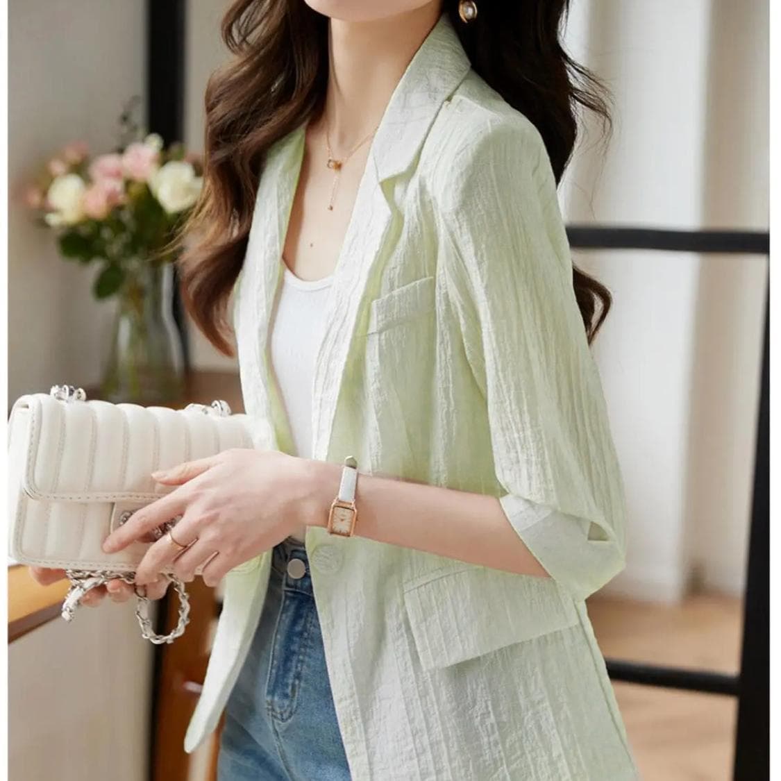 Solid Color Chiffon Five-minute Sleeve Blazer Women, Summer New Trend Casual Sunscreen Thin Section Blouse Jacket White sling non-figure light green