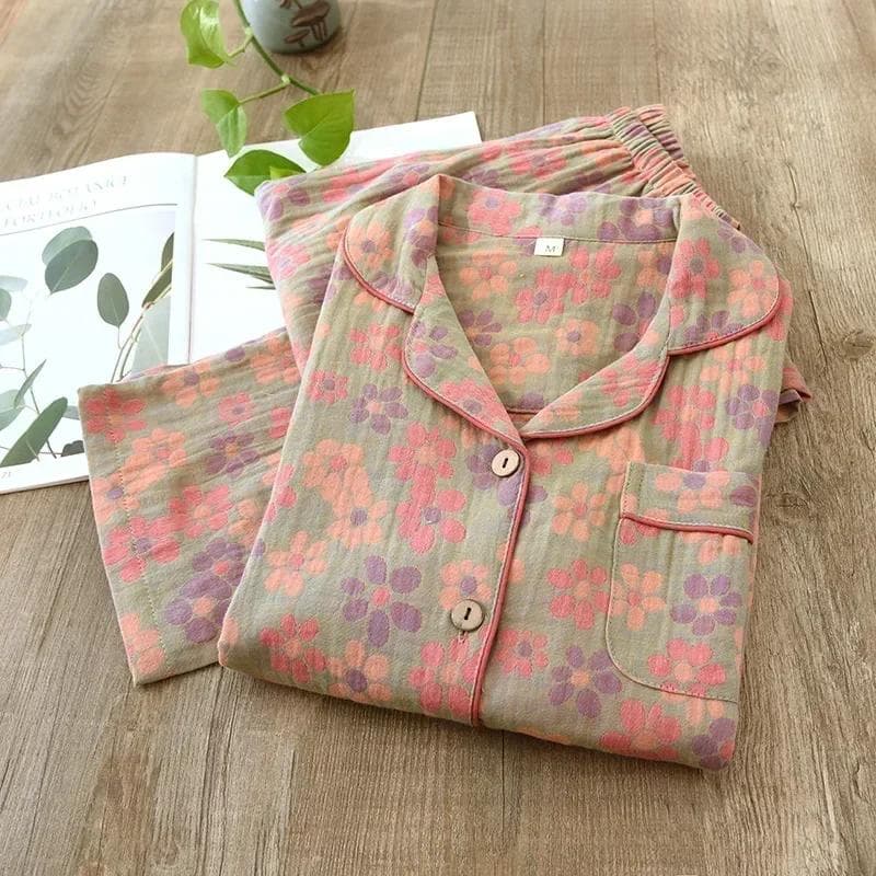 New Spring and Summer Women's Pajamas Suit Long-sleeved Trousers Two-piece 100% Cotton Crepe Flower Leaves Home Clothes M