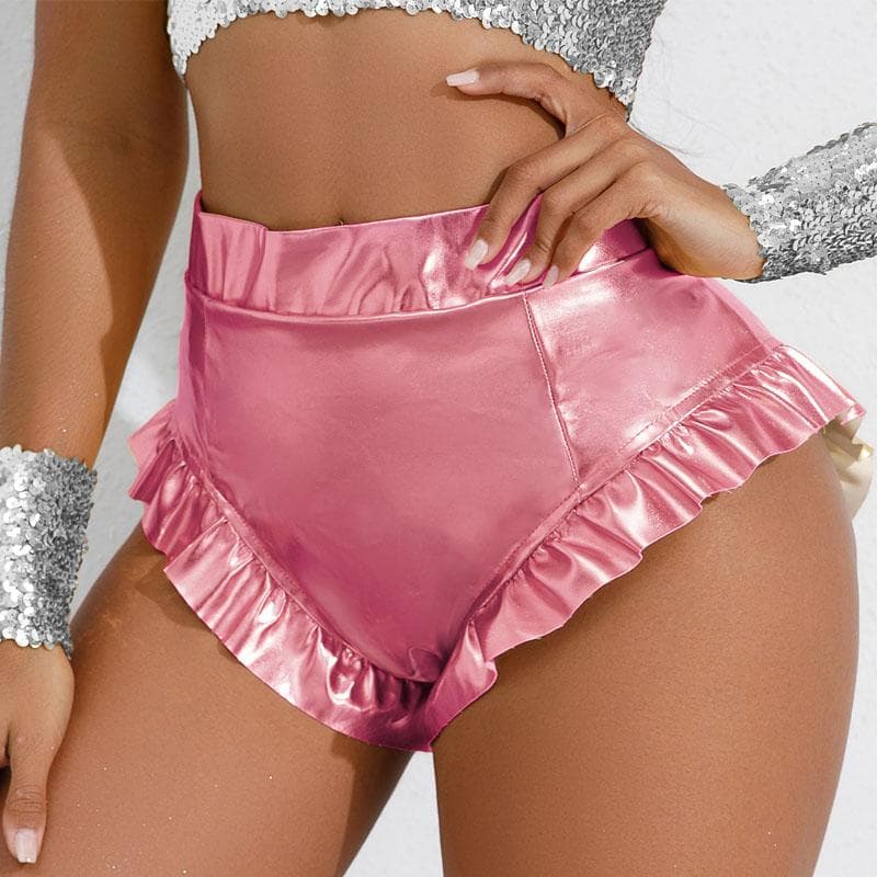 Women PU Leather Shorts Sexy Ruffle Metallic Booty Shorts High Waist Hot Pants Shiny Slim Fit Club Dance Shorts L pink
