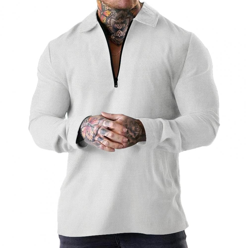 Men Lapel Zipper Neckline T-shirt Long Sleeve Waffle Texture Solid Color Pullover Shirt Loose Fit Gym Fitness Tops M white