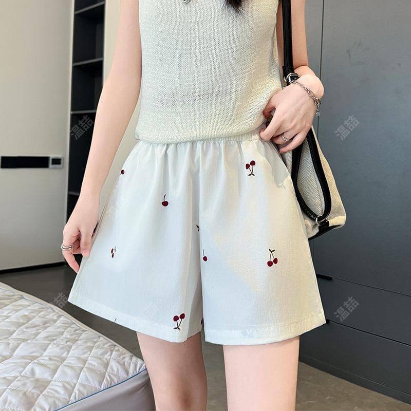 White Cherry Shorts for Women In Summer New High-waisted Wide-leg Pants Loose and Slim, Small Three-quarter Pants XL white