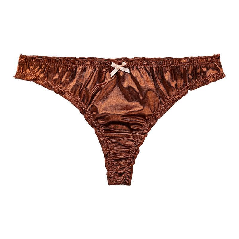 Women's Satin Thong Panties Comfortable Frilly Thongs Ruffle Milk Silk Low-Waist Bikini Briefs Frill Trim Underwear L