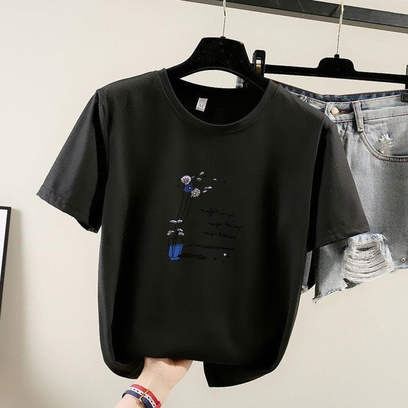 Summer 2025 New Short-sleeved T-shirt Women's Round-neck Printed Top XL black