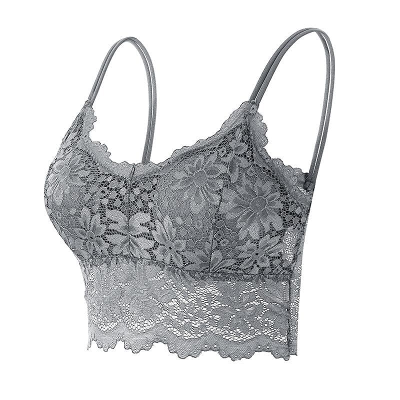 32A-95C Women Sleeveless Lace Vest Bra Cropped Top Camisole Padded Tank Tops Fitness Underwear Floral Lace Bralette 7 Colors M/L grey
