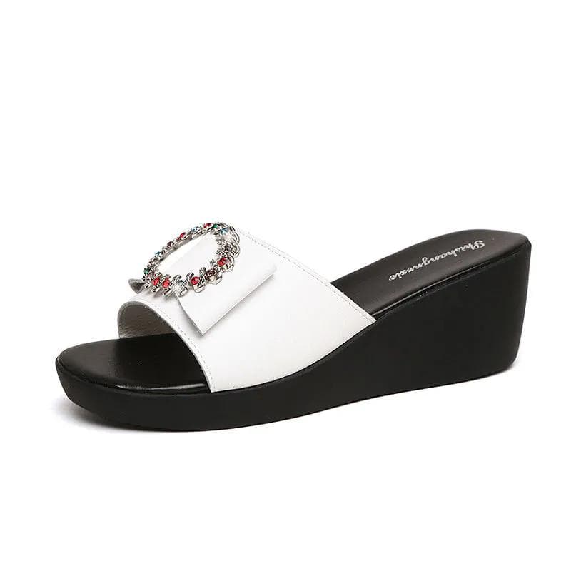 Middle Heel Square Toe Sandals Female Fairy Thick Heel Rhinestone Slippers Open Toe All-match Shoes Beach Shoes 35 white