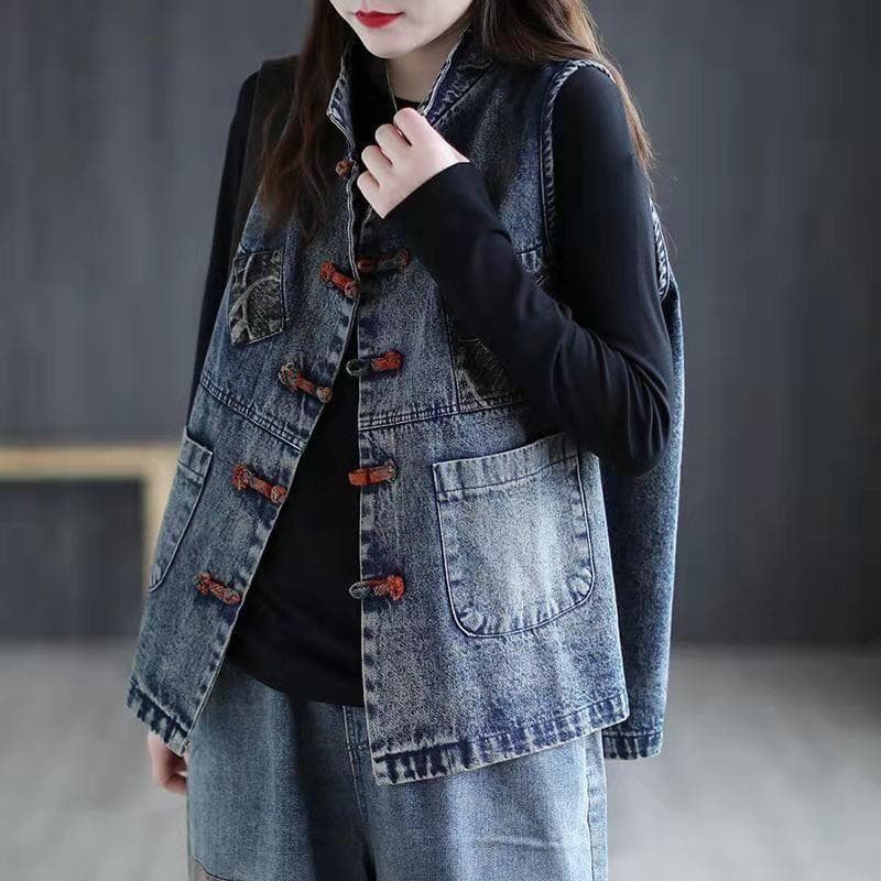 All-match Denim Vest Women Spring and Autumn Large Size Ethnic Wind Coil Buckle Casual Outer Wear Vest XXXXXL blue
