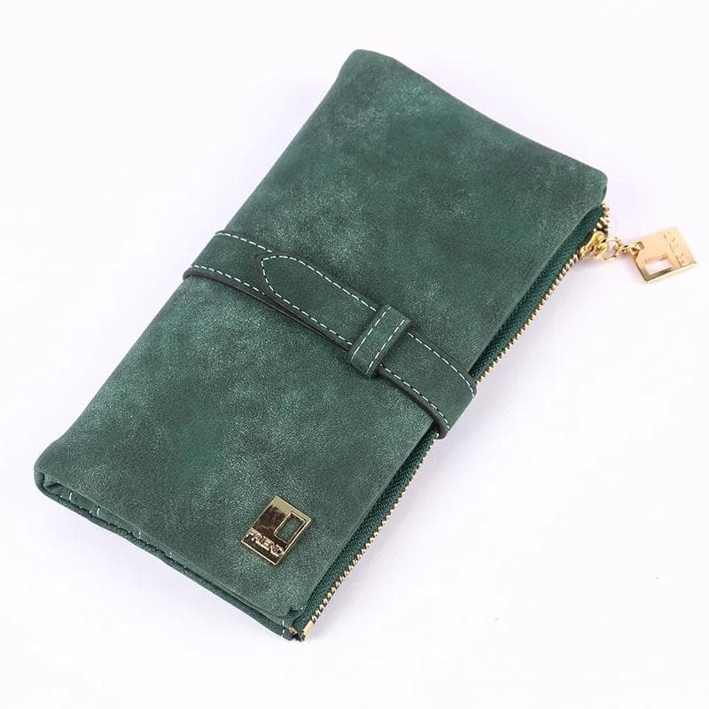 2025 New Fashion Women Wallets Drawstring Nubuck Leather Zipper Wallet Women's Long Design Purse Two Fold More Color Clutch green