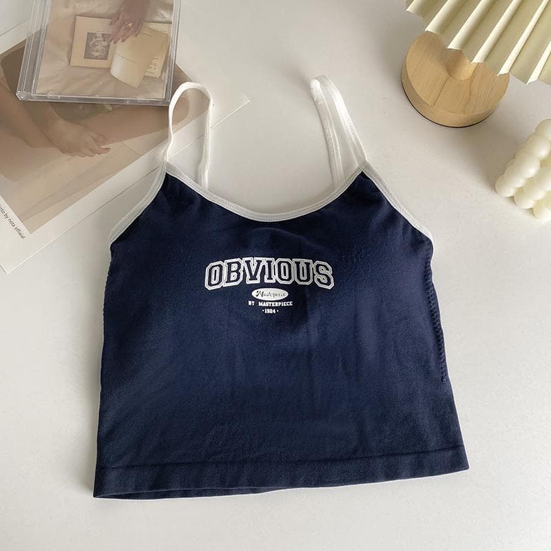 Women With Padded Bra Crop Tops O-neck Solid Crop Tops 2023 Summer Letter Printing Tops Spaghetti Camisole one size blue