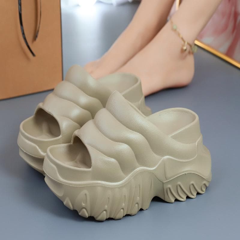 Super High 10 cm Heel Slipper Woman Thick Sole Open Toe Shoes Summer Women's Platform Plain Elevator Slipper Gothic Style Slides CN 38-39 khaki