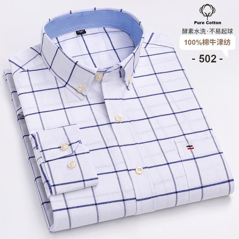 100% Cotton Oxford Men's Shirts Long Sleeves Plaid Soft Regular Fit Formal Dress Shirt Pocket Social Blouse Male Clothes S-7XL XL