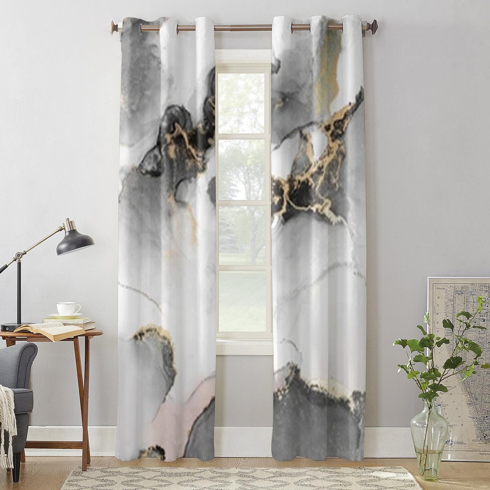 Black Gold Abstract Marble Window Curtains For Living Room Luxury Bedroom Decor Drapes Kitchen Window Treatments Curtains 135W x 60H(cm) x1