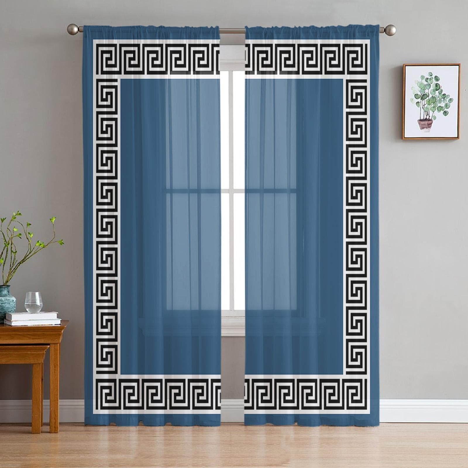 Red Geometric Greek Key Pattern Voile Sheer Curtains Living Room Window Chiffon Tulle Curtain Kitchen Bedroom Drapes Home Decor 135W x 213H(cm)