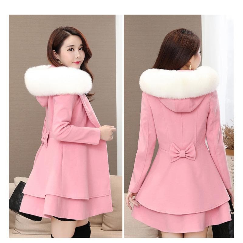 Women's Contrast Color Fur Collar Woolen Coat Nizi Coat Korean Style Slim Style L