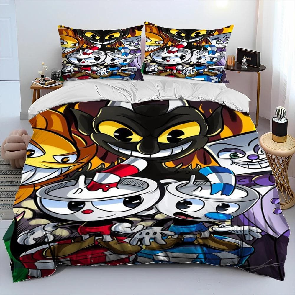 Cuphead and Mugman,Game Gamer Comforter Bedding Set,Duvet Cover Bed Set Quilt Cover Pillowcase,King Queen Size Bedding Set Boys 150x200cm 3pcs