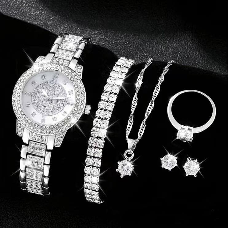 6 Pcs/Set Women's Watches, Luxury Rhinestone Quartz Watch, Roman Fashion Analog Watch and Jewelry Set, Gift for Mom and Her