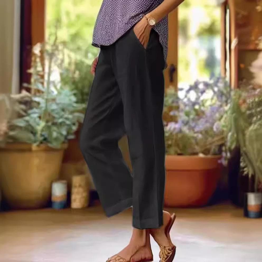 Cotton and Linen Women's Loose Fashion Solid Color Straight Casual Pants Women's Clothing L black