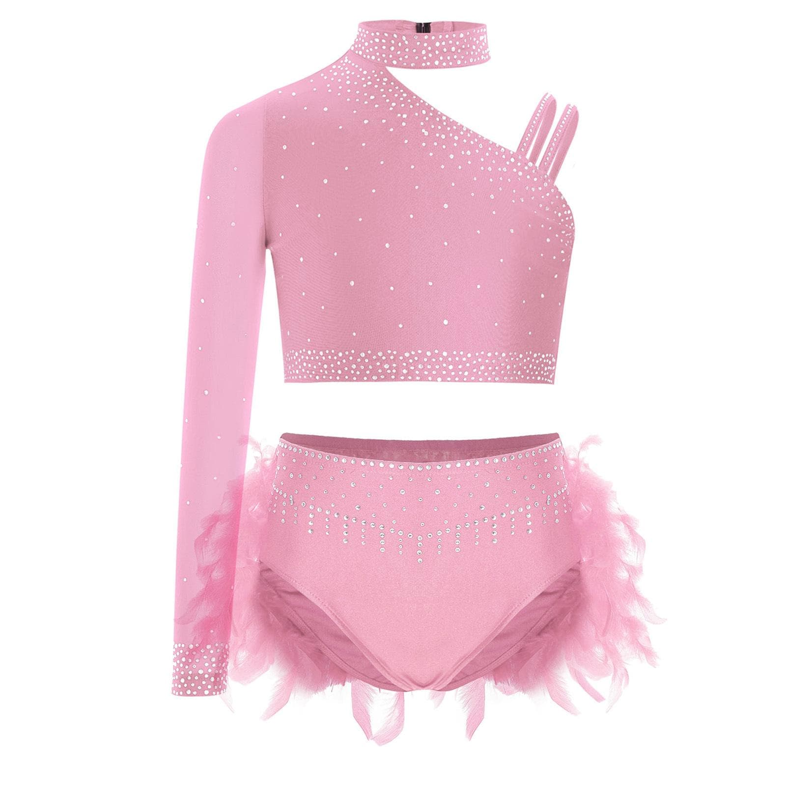 Kids Girls Glittery Dance Costume Set Rhinestone Embellished Crop Top Asymmetric Shoulder and Feather Shorts Outfit 11-12 Years pink