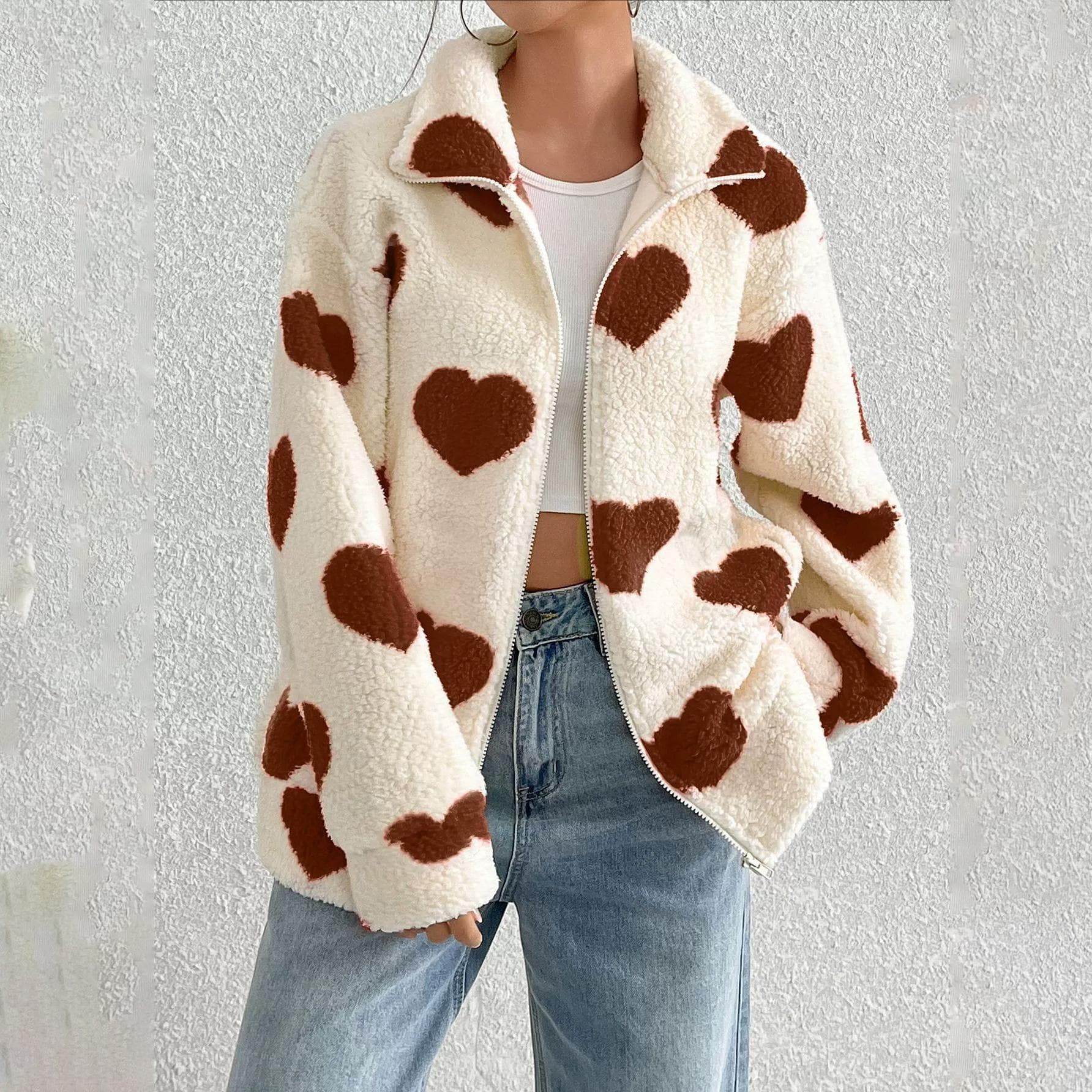 Autumn and Winter Women's Plush Love Printed Loose Long Sleeve Standing Collar Zipper Cardigan Short Jacket 2XL khaki
