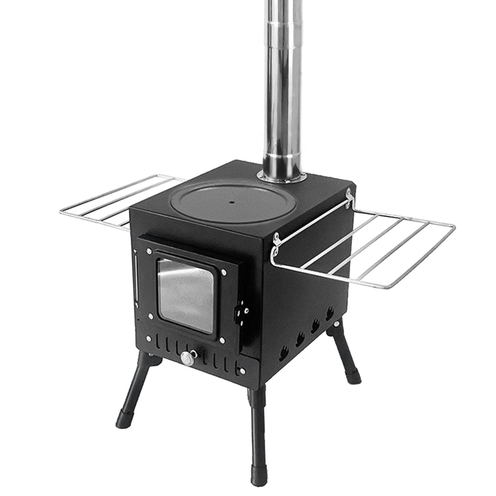 Outdoor Camping Wood-burning Stove Firewood Burner Stainless Steel Foldable Heater with Tent Fire Smaller front window black