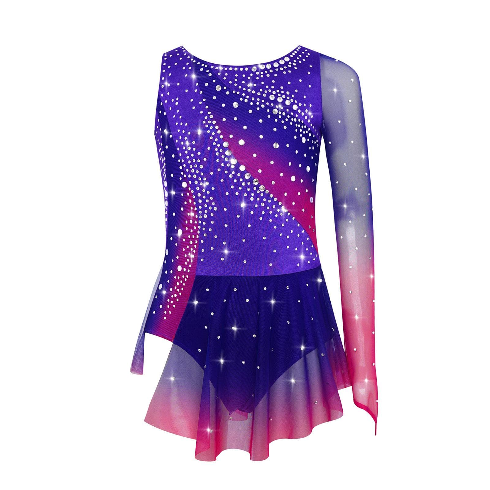 Kids Girls Rhythmic Gymnastics Dress Round Neck Asymmetrical Split Shiny Rhinestones Contrast Color Skirt 9-10 Years purple