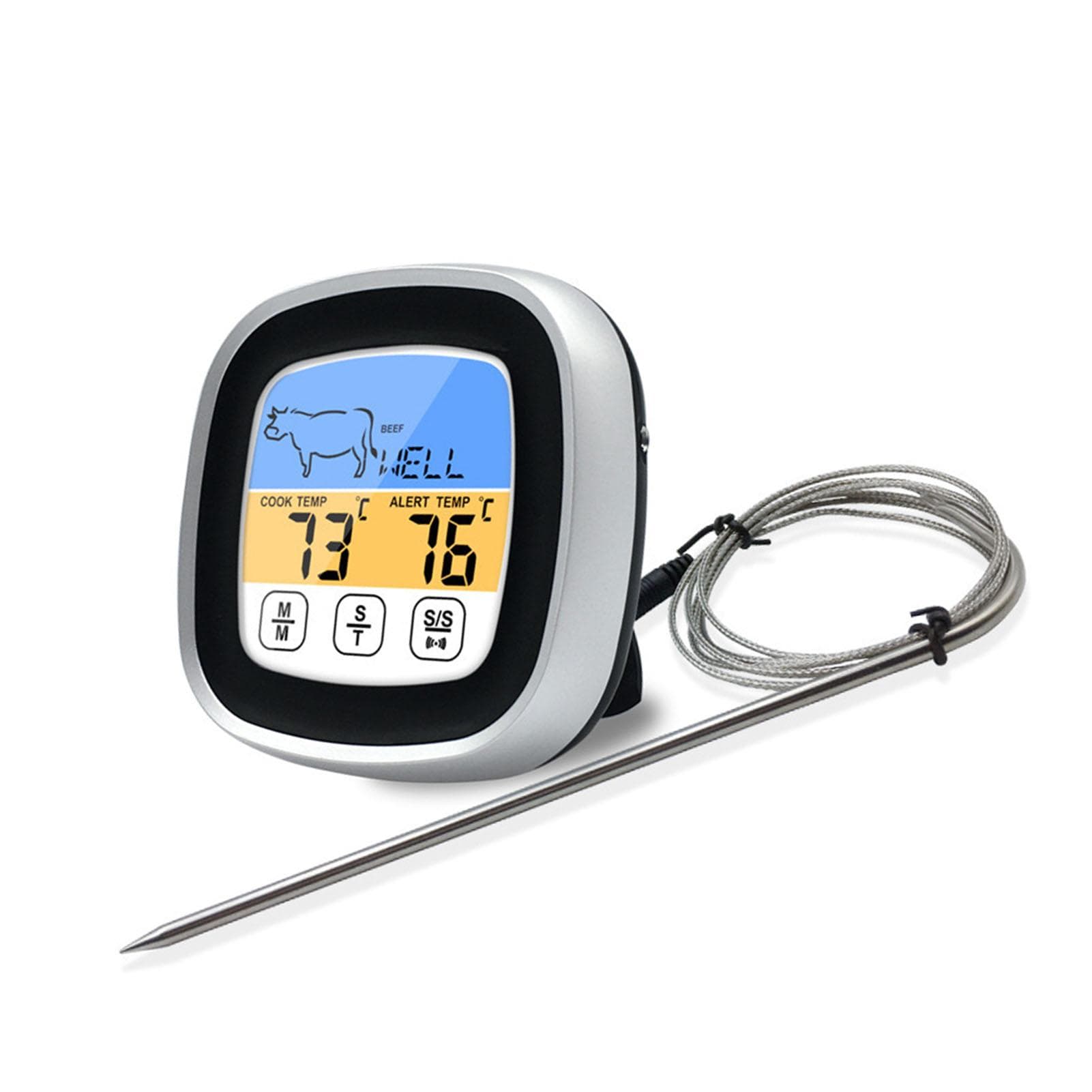Digital Timer Thermometer Touch Screen Stainless Steel Meat Thermometer for Kitchen BBQ White black