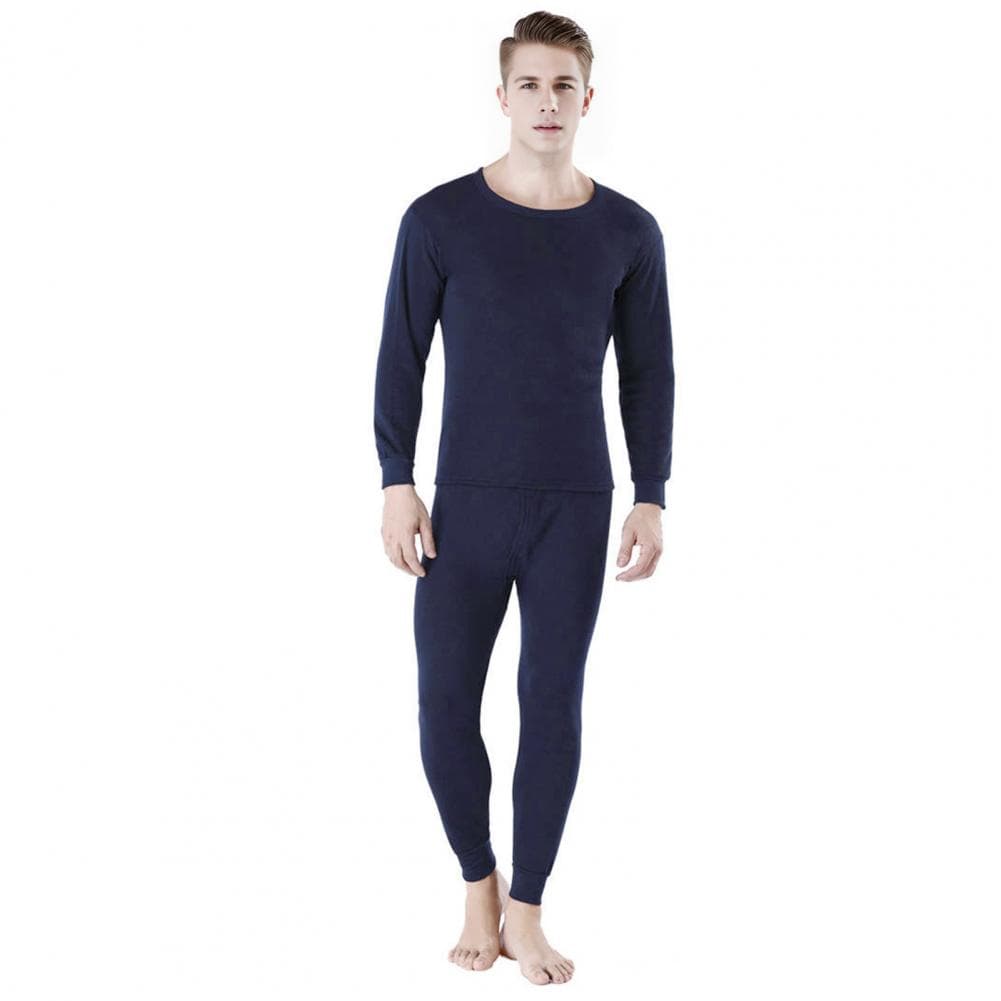 2Pcs/Set Men Warm Suit O-Neck Long Sleeve Tops Elastic Waist Long Pants Set Solid Color Plush Lining Pajamas Set L navy blue