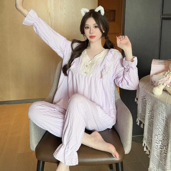 Plus Size Pajama Mujer Solid Color Sleepwear Set Long Sleeve Top+Pants Ruffle Homewear Skin-Friendly Breathable 5XL purple