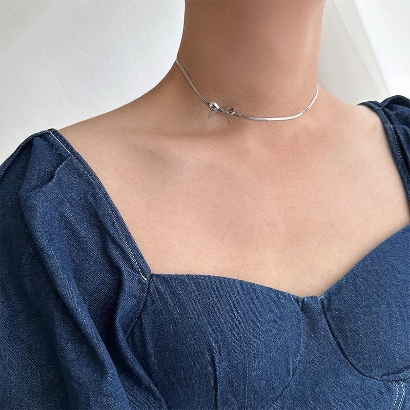 New Trendy Bowknot Stainless Steel Gold Plated Snake Chain Necklace For Women Elegant Niche Design Charms Choker Jewelry Gifts 35cm silver