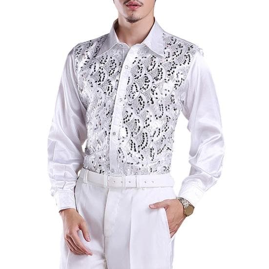 Men Luxury Sequins Shirt Lapel Long Sleeve Single-Breasted Wedding Stage Shirt Slim Fit Formal 2XL white