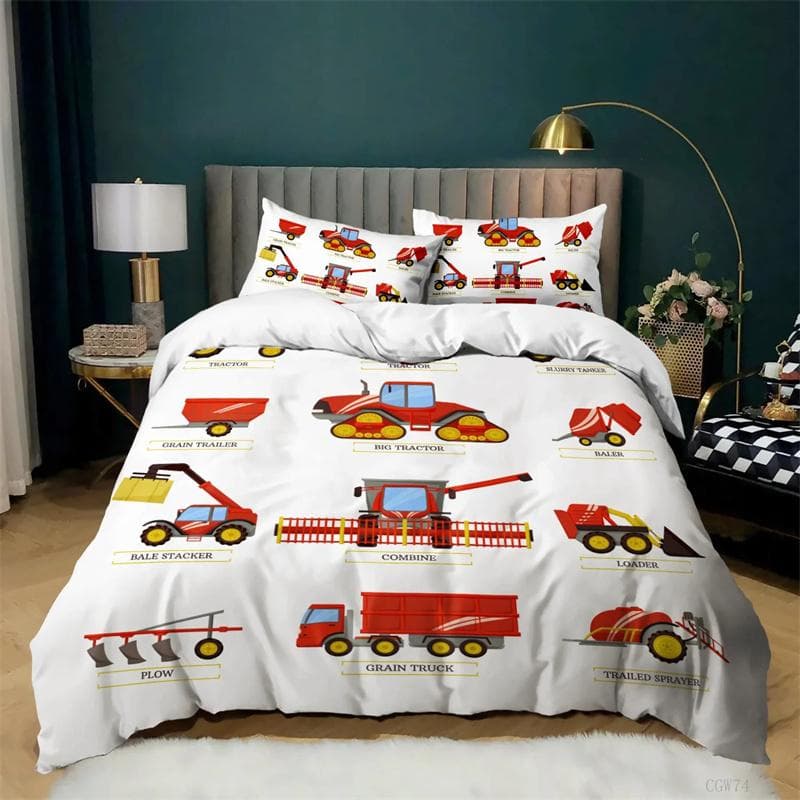 Kids Excavator Tractor Truck for Children Boys Girls Bedroom Decor Construction Vehicle Cartoon Duvet Cover Crane Quilt Cover 180x210cm 3pcs