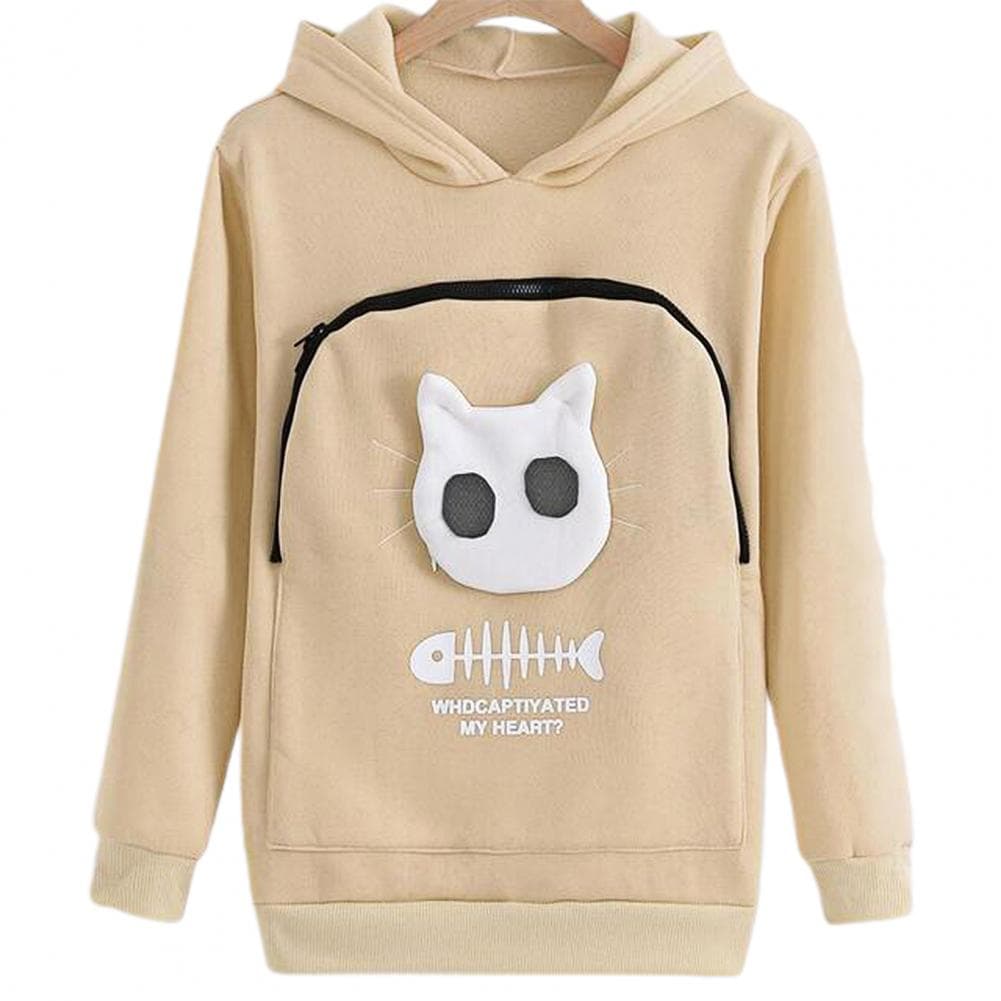 Women Spring Hoodie with Cat Nest Cartoon Print Big Zipper Pocket Hooded Long Sleeves Keep Warm Pullover Elastic Cuff Lady Hoodi S khaki
