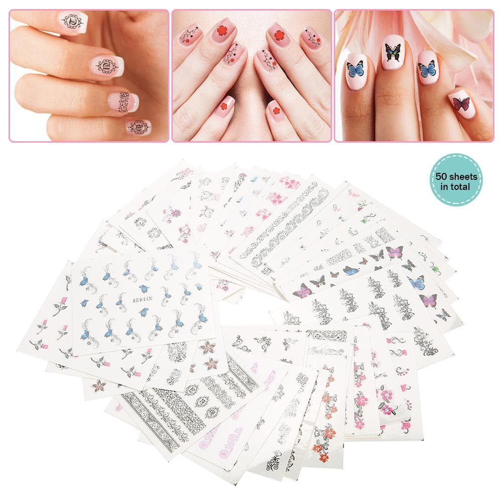 50 Sheets Mixed Flower Butterfly Cartoon Nail Art Water Transfer Sticker Nail DIY Decals (XF)