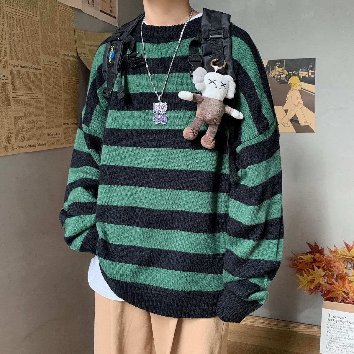 Autumn and Winter Men's Casual Fashion Striped Sweater Loose Round Neck Couple Knit Sweater XL black/green