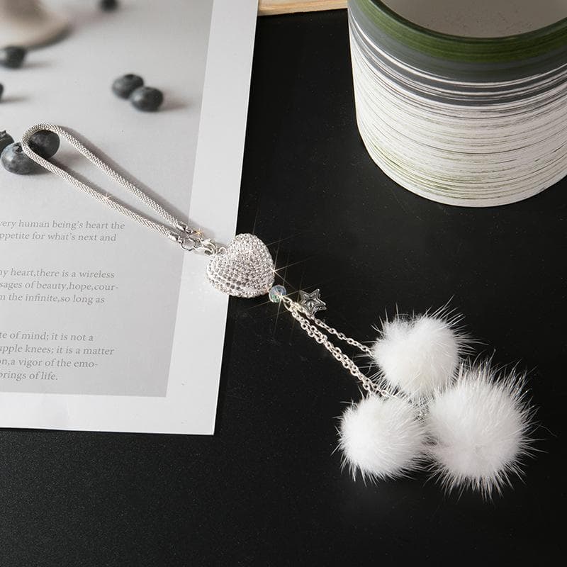 Bling Car Mirror Accessories for Women Men Love Heart and Pink Plush Ball Rinestones Car Accessories Car Rear View Mirror Charms white