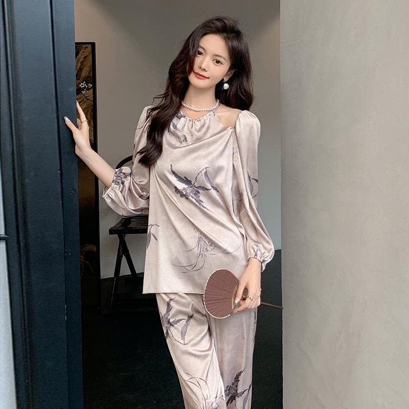 Spring and Summer New Ice Silk Pajamas for Women, Silk Chinese Style Luxury Long-sleeved Trousers Pajamas Set XL