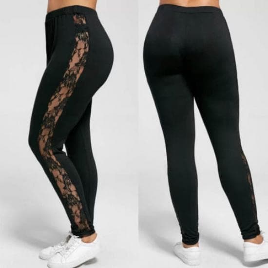 Plus Size Sexy Women Holllow Out Lace Leggings Sexy High Waist Bandage Pants Insert Sheer Leggings Viscose Elastane XXL black