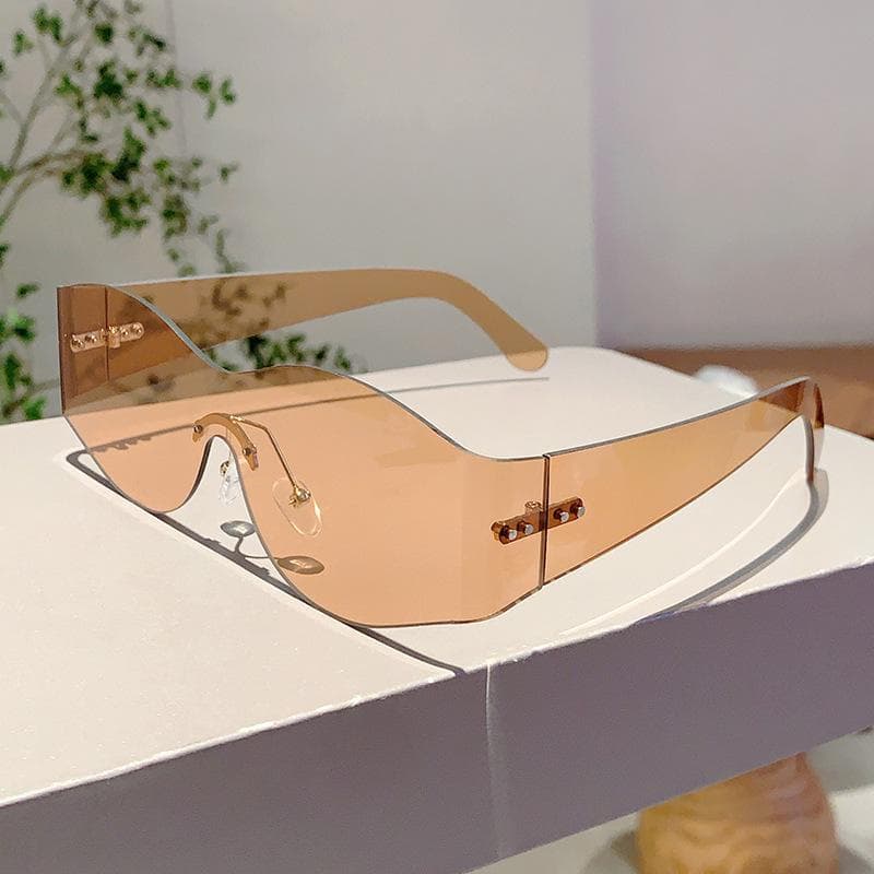 Y2K Fashion Rimless Vintage Luxury Sunglasses Punk Pink Shades for Women Men Designer Rivet One Piece