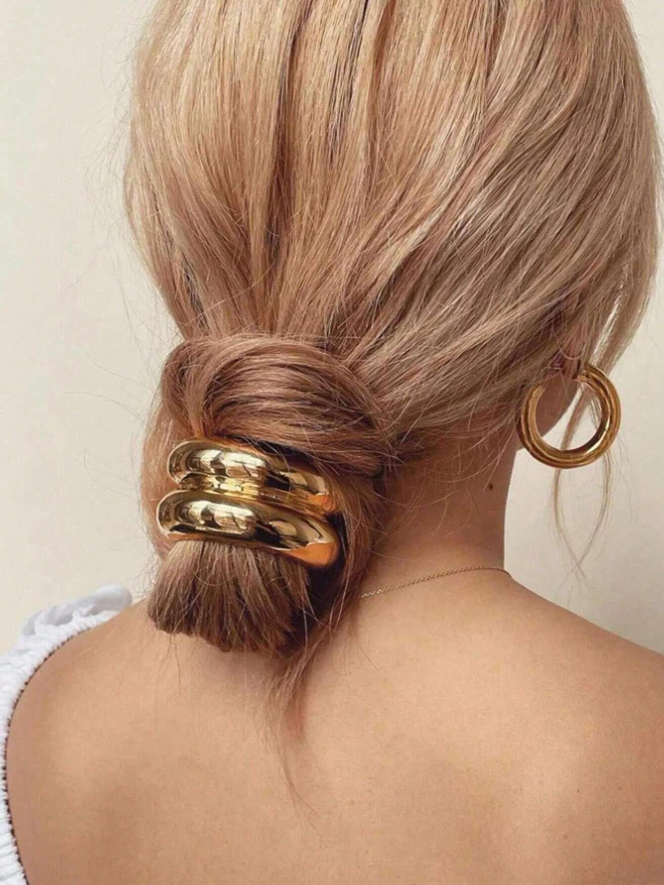 Elegant Golden Metal Simple Hair Tie , Funny Bands Bent Shape Women's Luxury Style Ponytail Holder , Simple Chic Hairband Accessories 1pc-style b