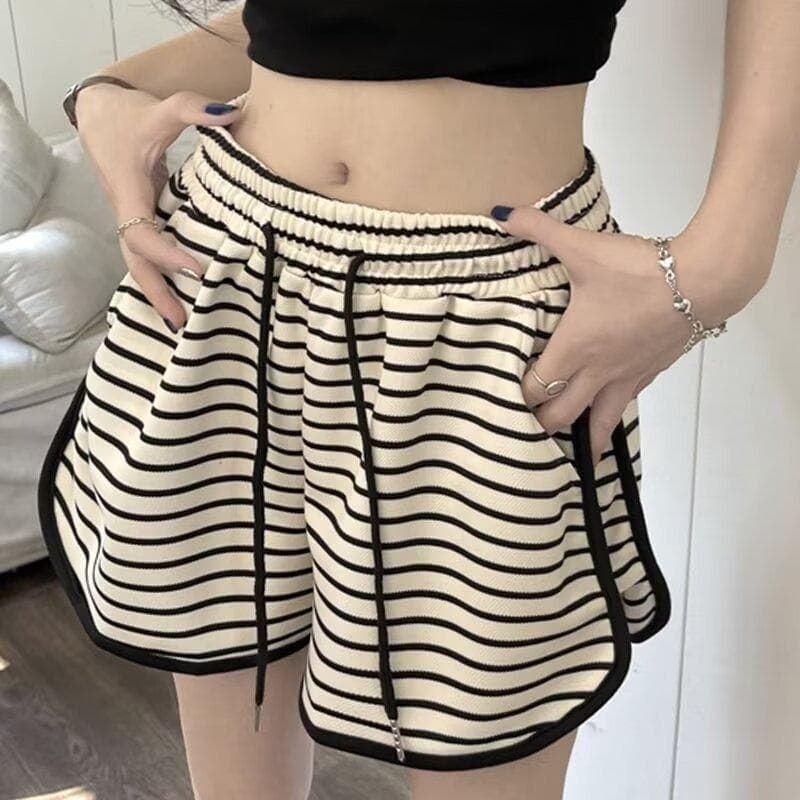 Striped High-waisted Sweatpants for Women Shorts Loose Wide-legs In Summer Casual Slim and Elastic Waist Contrast 3XL