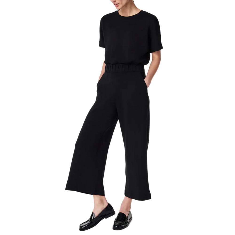 Summer Women Jumpsuit O Neck Short Sleeves Elastic Waist Wide Leg with Side Pockets Solid Color Loose Casual Daily Wear Ankle Le M black