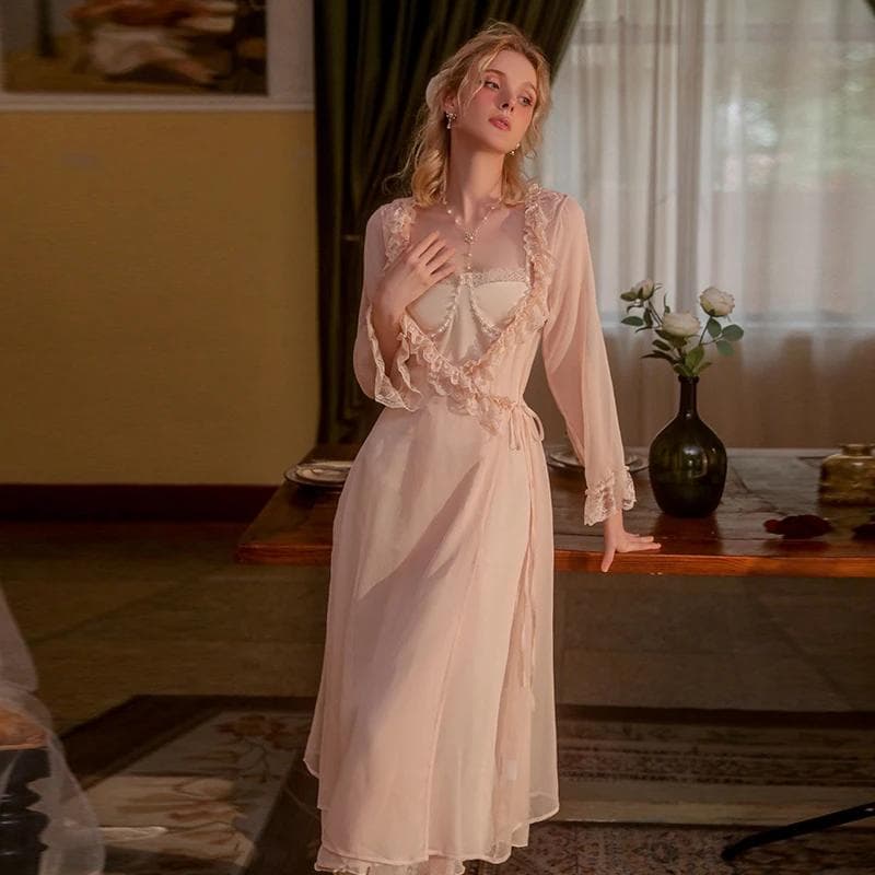 Sexy Pajamas Women's Casual Wear Spring and Summer Sweet Pajamas Dress Mesh Lace Sexy Nightgown Set XL