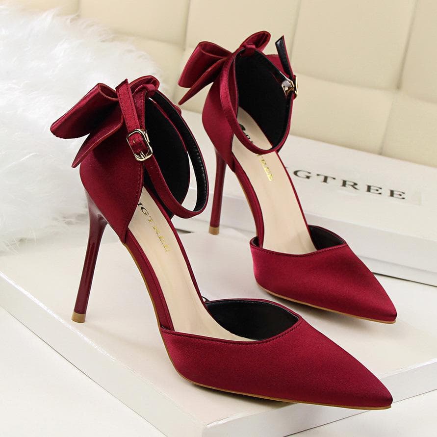 BIGTREE Sweet Lady Thin Heel 10cm High Heel Shallow Mouth Pointed Sandal with Bow Tie 34 wine