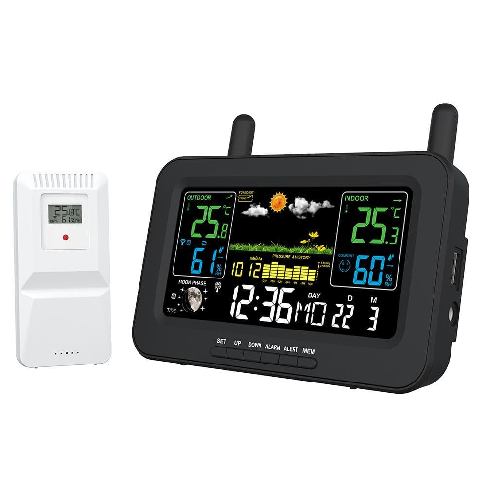 Weather Stations Wireless Indoor Outdoor Thermometers LCD Color Display Temperature Humidity EU Plug black