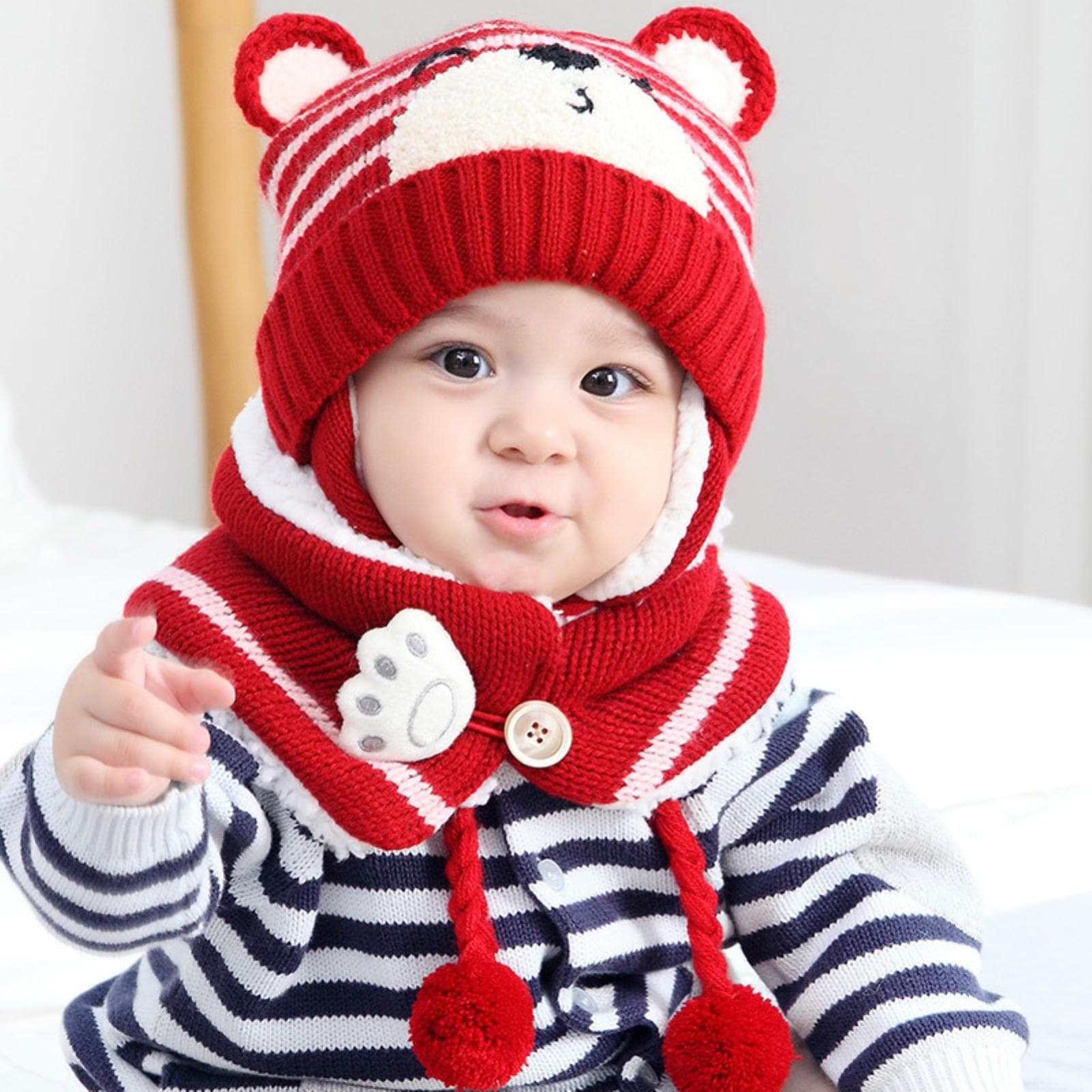 Winter Kids Baby Girls Boys Cartoon Bear Stripe Knit Hat Cap Woolen Yarn Scarf Hat Keep Warm Set For Outdoor red