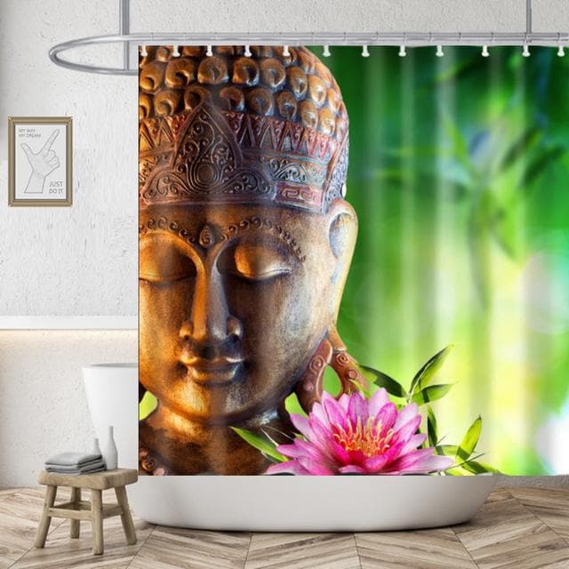 Rural Landscape Creek Stone Lotus Buddha Shower Curtain Bathroom Curtain Fabric Waterproof Polyester Bathroom Curtain with Hooks 180*200CM