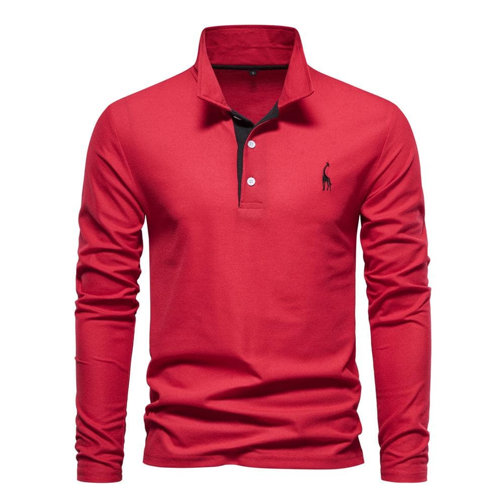 AIOPESON Giraffe Embroidery Men's Polo Shirts Solid Color Long Sleeve Polo Shirts for Men New Spring Social Business Polos Male XXL 100-105kg red