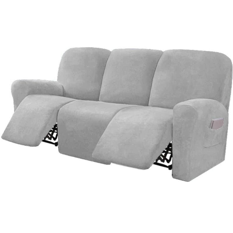 Ultimate Decor 8-Pieces Recliner Sofa Covers Velvet Stretch Reclining Couch Covers for 3 Cushion Reclining Sofa Slipcovers 3-Seat light grey